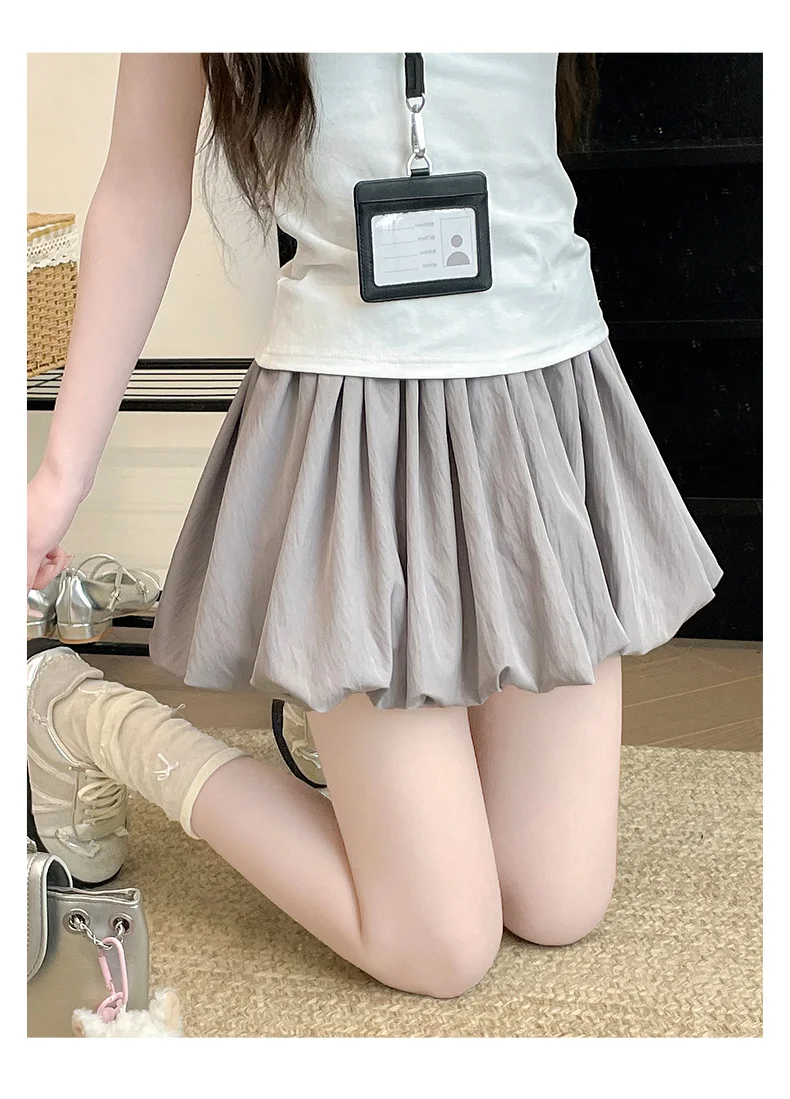 Women's Mini Skirt High Waist A-Line Slimming Summer Skirt with Built-in Shorts for Petite, Pleated Puff Hem Pink
