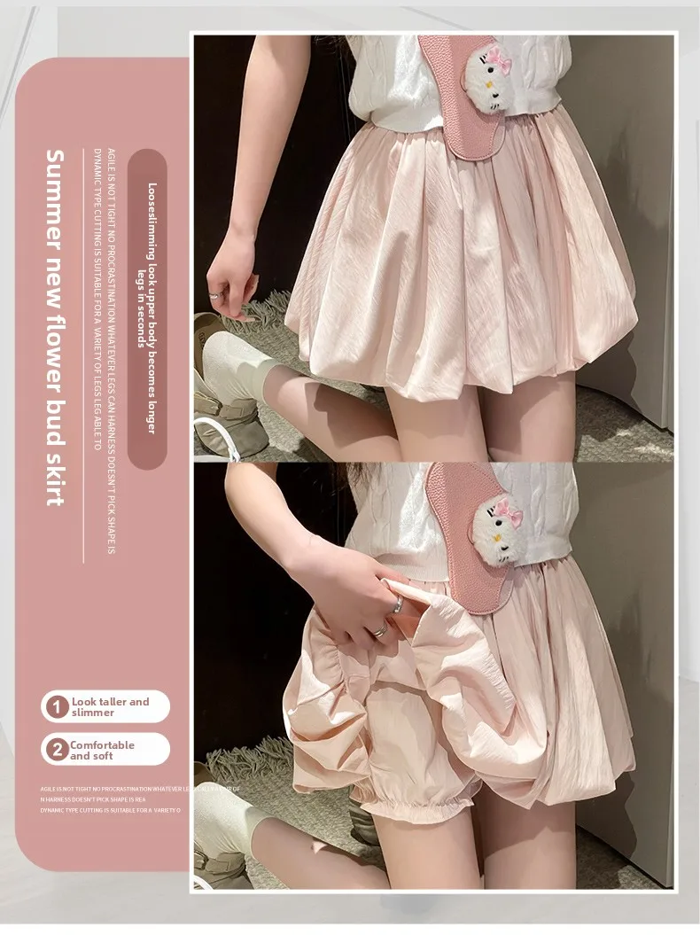 Women's Mini Skirt High Waist A-Line Slimming Summer Skirt with Built-in Shorts for Petite, Pleated Puff Hem Pink
