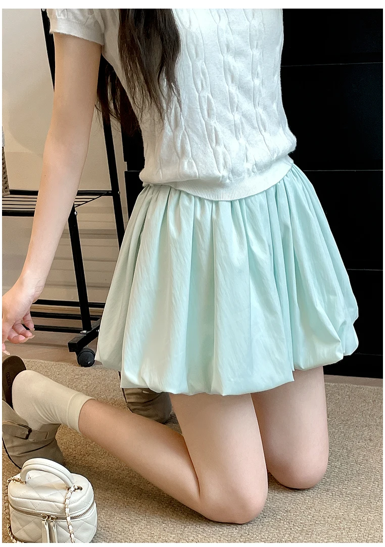 Women's Mini Skirt High Waist A-Line Slimming Summer Skirt with Built-in Shorts for Petite, Pleated Puff Hem Pink