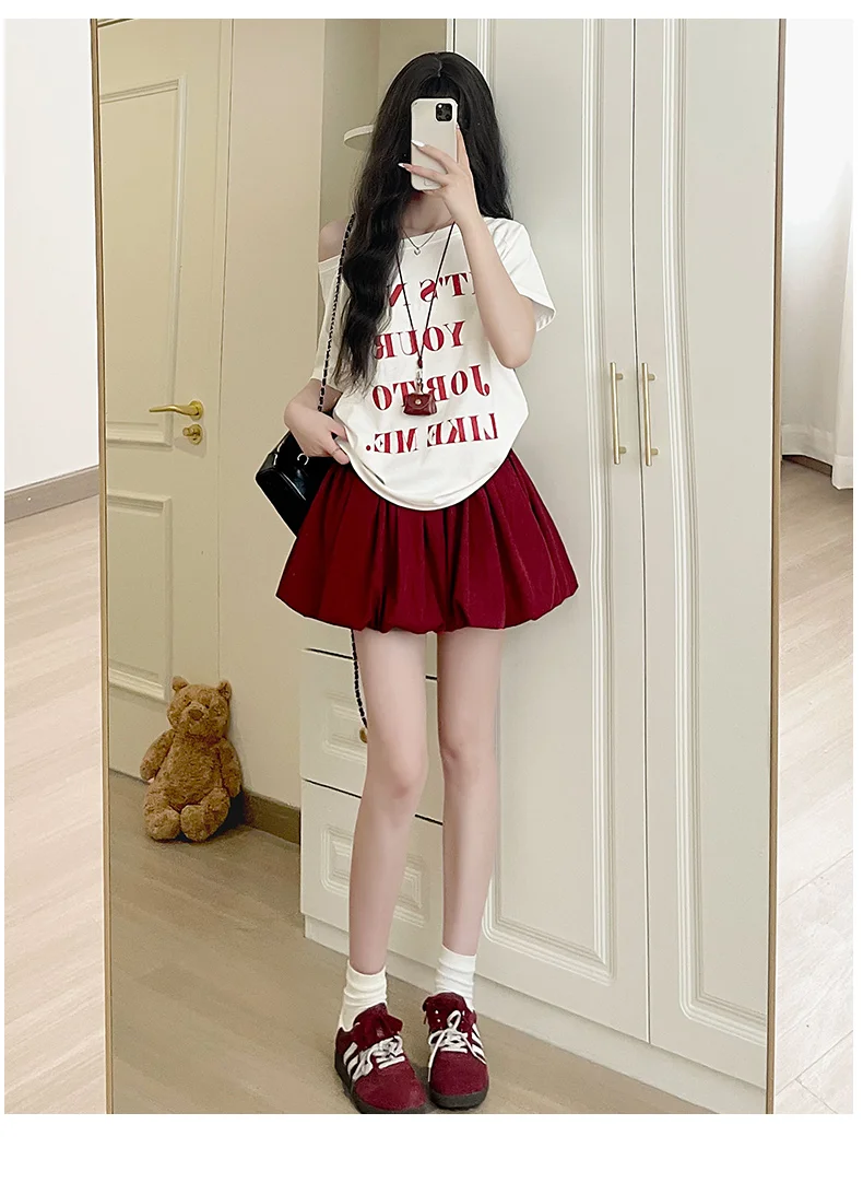 Women's Mini Skirt High Waist A-Line Slimming Summer Skirt with Built-in Shorts for Petite, Pleated Puff Hem Pink