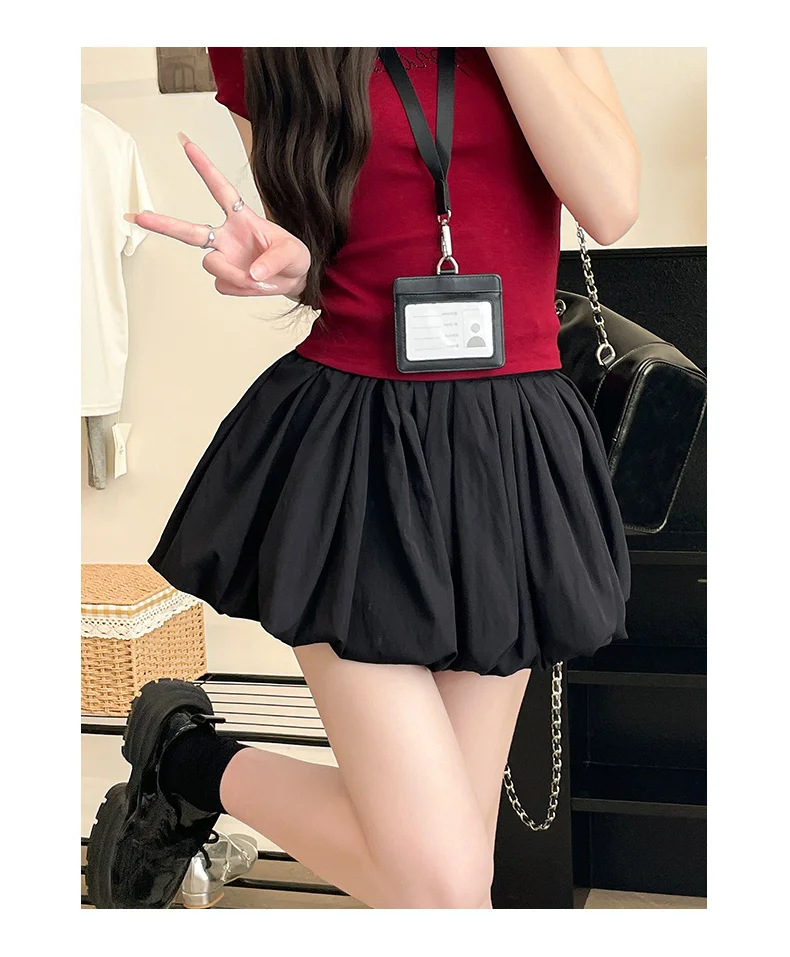 Women's Mini Skirt High Waist A-Line Slimming Summer Skirt with Built-in Shorts for Petite, Pleated Puff Hem Pink
