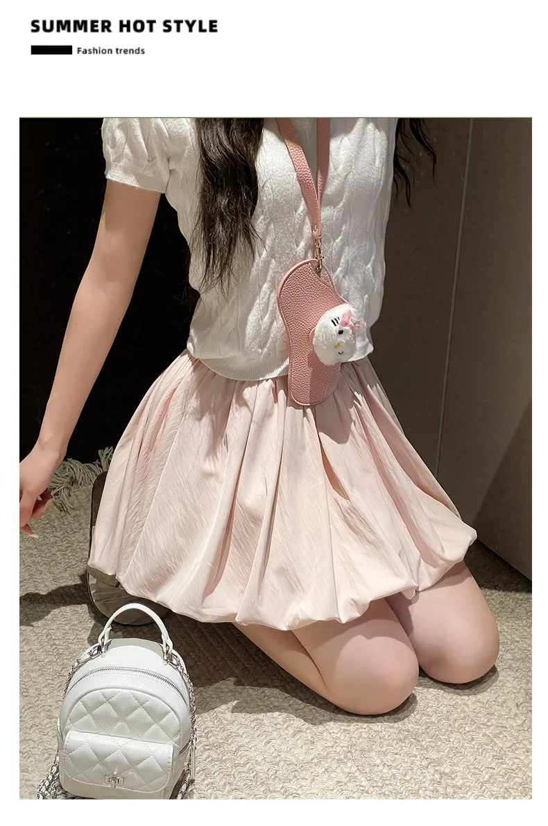 Women's Mini Skirt High Waist A-Line Slimming Summer Skirt with Built-in Shorts for Petite, Pleated Puff Hem Pink