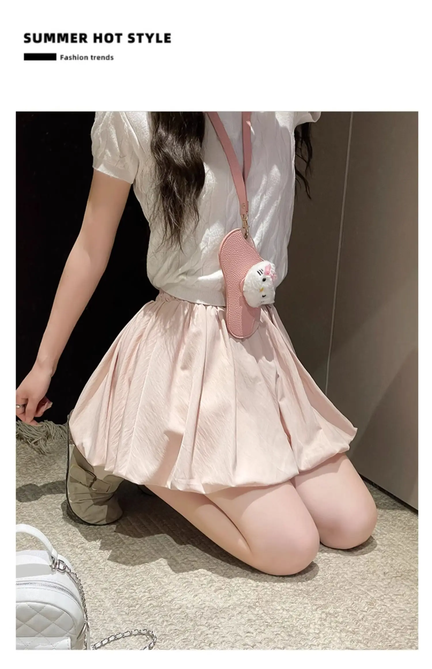 Women's Mini Skirt High Waist A-Line Slimming Summer Skirt with Built-in Shorts for Petite, Pleated Puff Hem Pink