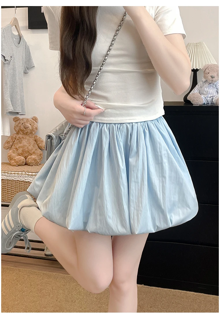 Women's Mini Skirt High Waist A-Line Slimming Summer Skirt with Built-in Shorts for Petite, Pleated Puff Hem Pink
