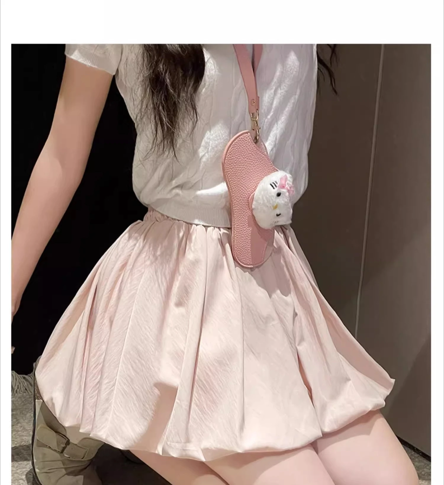 Women's Mini Skirt High Waist A-Line Slimming Summer Skirt with Built-in Shorts for Petite, Pleated Puff Hem Pink