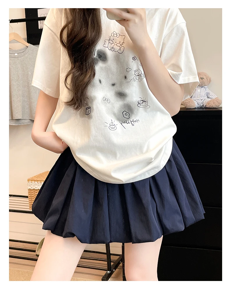 Women's Mini Skirt High Waist A-Line Slimming Summer Skirt with Built-in Shorts for Petite, Pleated Puff Hem Pink