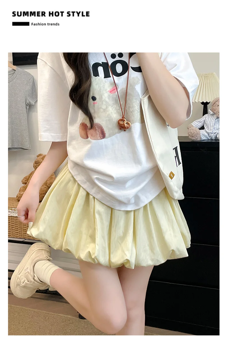 Women's Mini Skirt High Waist A-Line Slimming Summer Skirt with Built-in Shorts for Petite, Pleated Puff Hem Pink