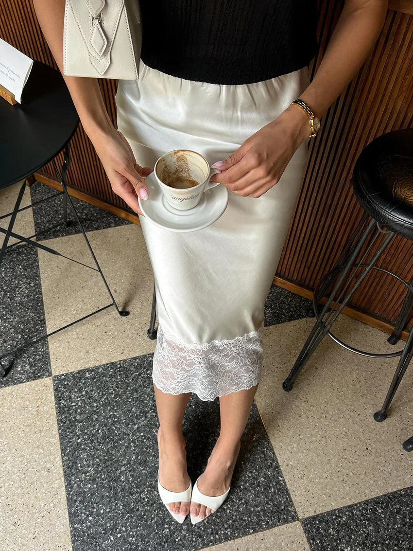 Tossy White Casual Lace Long Skirt For Women Slim High Waist Patchwork Elegant Commute Clothes Summer 2025 Female Maxi Skirt New