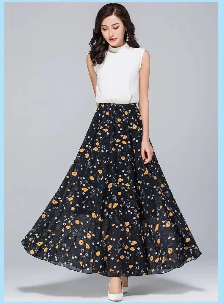 Womens Summer Autumn High Waist Skirts Elastic Waist Midi Full Long Skirt Print A-Line Mother Dance Swing Chiffon Skirt DURIKIES
