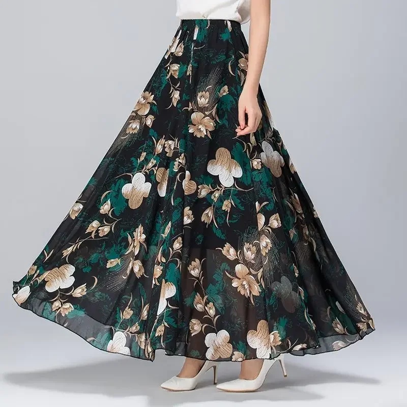 Womens Summer Autumn High Waist Skirts Elastic Waist Midi Full Long Skirt Print A-Line Mother Dance Swing Chiffon Skirt DURIKIES