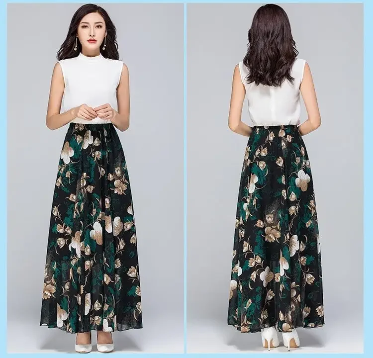 Womens Summer Autumn High Waist Skirts Elastic Waist Midi Full Long Skirt Print A-Line Mother Dance Swing Chiffon Skirt DURIKIES