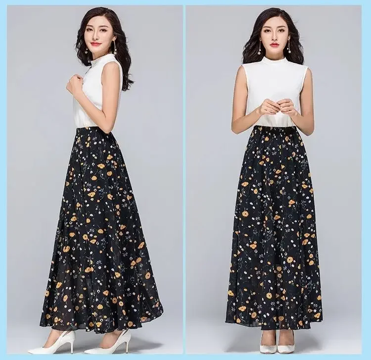 Womens Summer Autumn High Waist Skirts Elastic Waist Midi Full Long Skirt Print A-Line Mother Dance Swing Chiffon Skirt DURIKIES