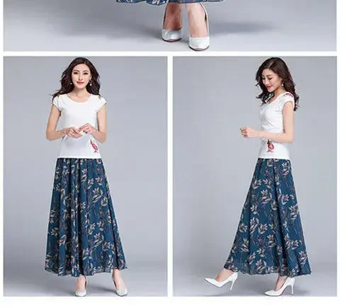Womens Summer Autumn High Waist Skirts Elastic Waist Midi Full Long Skirt Print A-Line Mother Dance Swing Chiffon Skirt DURIKIES