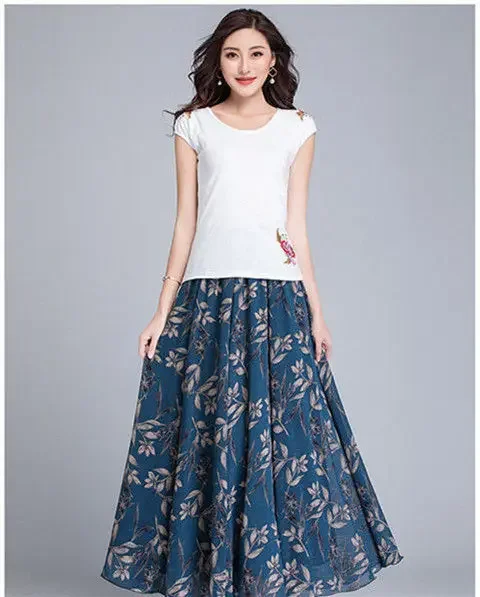 Womens Summer Autumn High Waist Skirts Elastic Waist Midi Full Long Skirt Print A-Line Mother Dance Swing Chiffon Skirt DURIKIES
