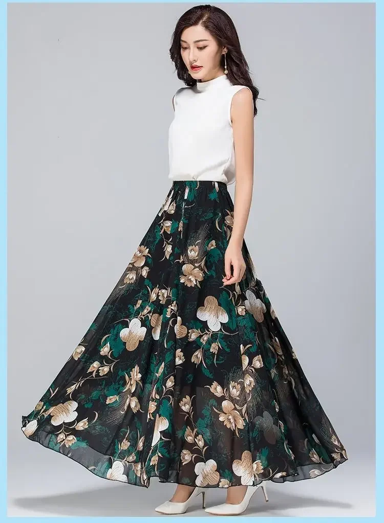Womens Summer Autumn High Waist Skirts Elastic Waist Midi Full Long Skirt Print A-Line Mother Dance Swing Chiffon Skirt DURIKIES
