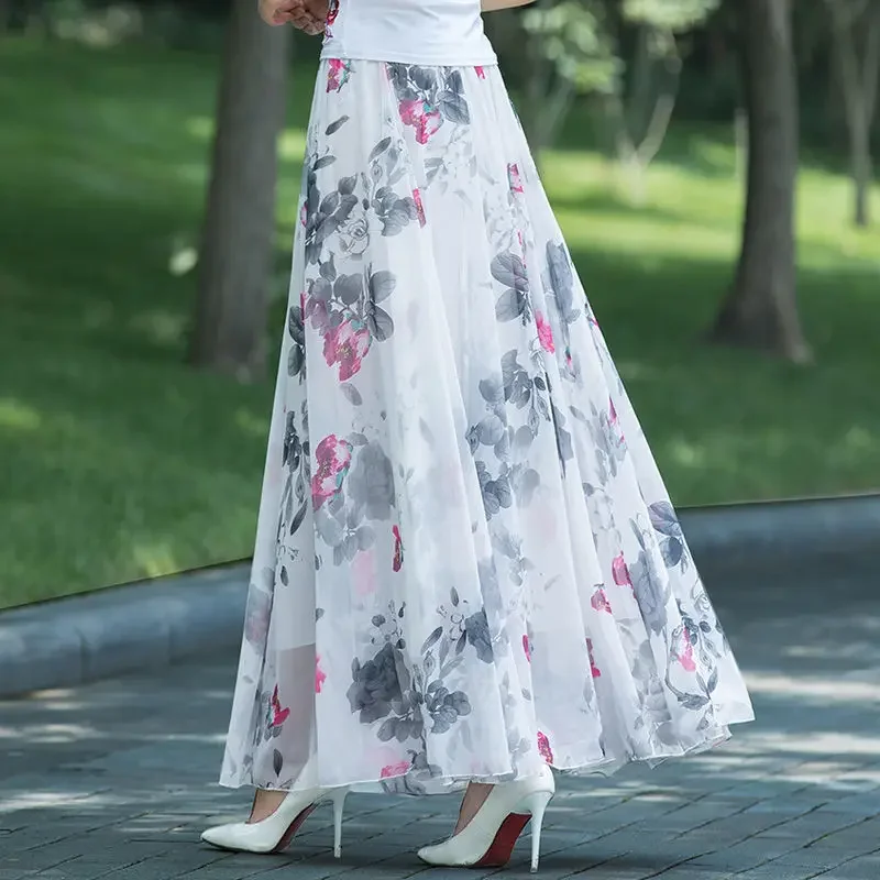 Womens Summer Autumn High Waist Skirts Elastic Waist Midi Full Long Skirt Print A-Line Mother Dance Swing Chiffon Skirt DURIKIES
