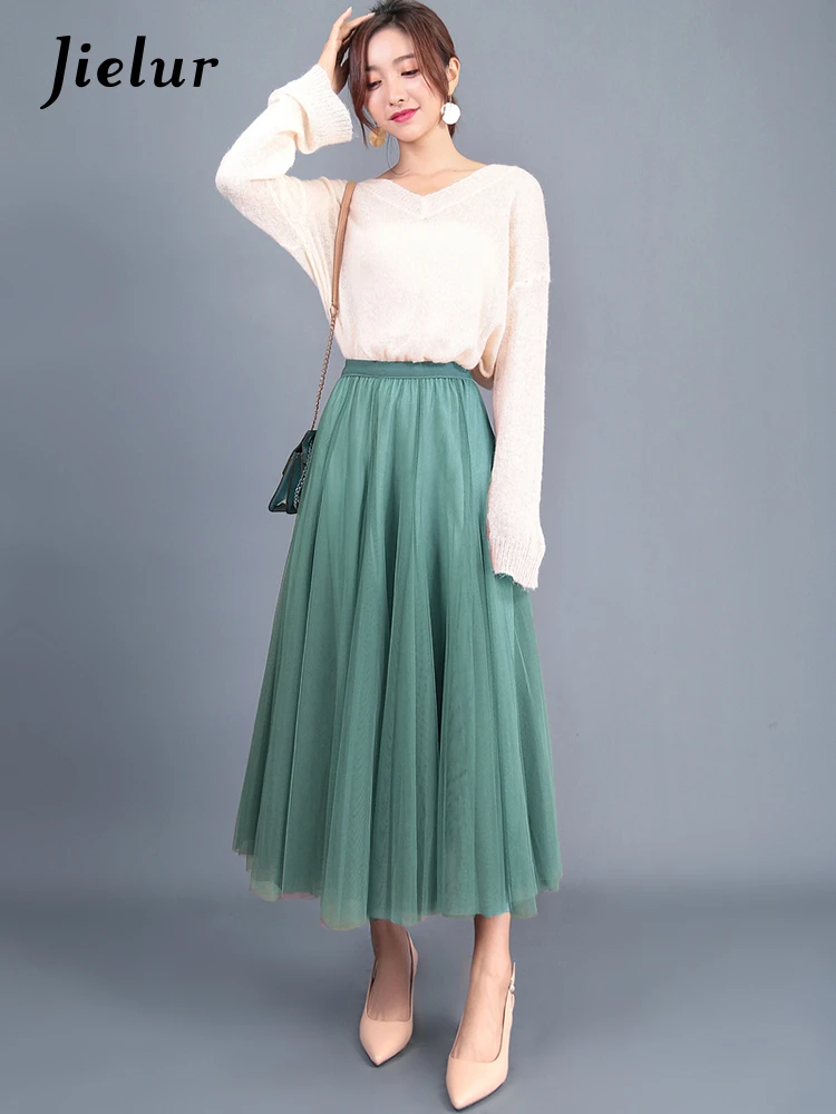 Jielur Skirts Womens Autumn 3 Layers Princess Tulle Mesh Pleated Skirt Saia Female Jupe Summer Tutu Skirts Faldas Mujer Moda