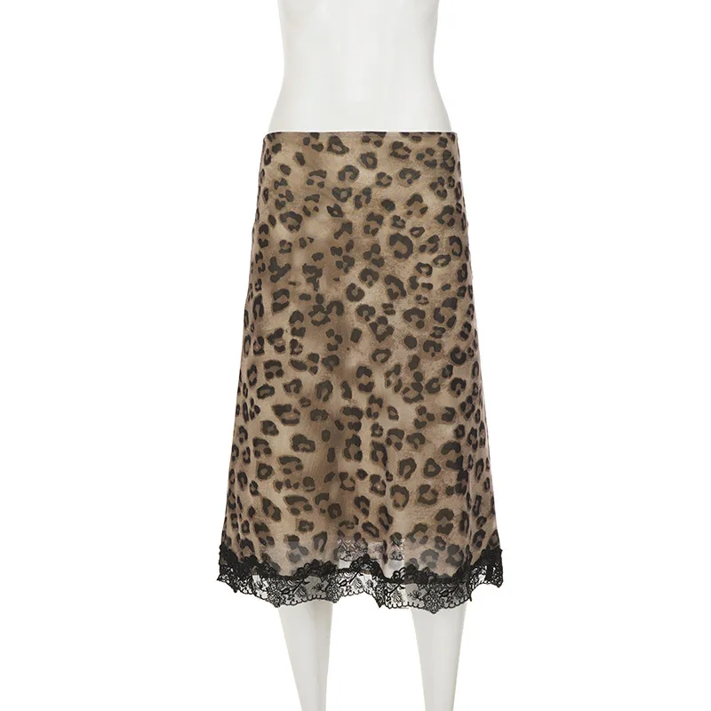 Talenza Summer Leopard Print Midi Skirts Sexy Women's Lace Patchwork Slim Skirts Fashion New Vintage Vacation Clubwear Y2K Skirt
