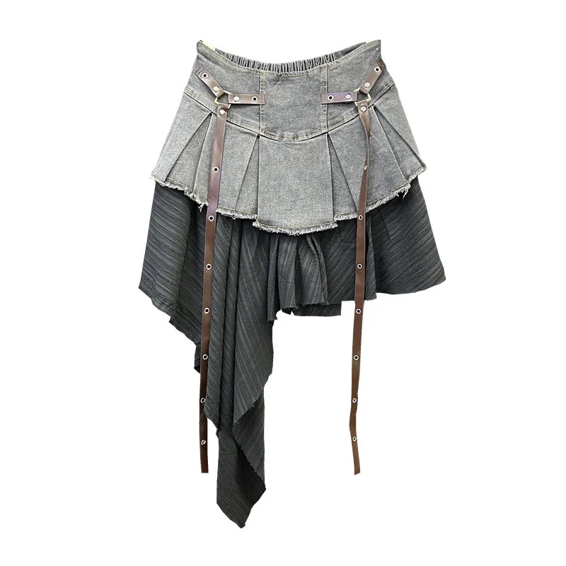 Retro Spliced Denim Pleated Skirt for Women Summer New Temperament Hot Girl Fashionable High Waist A-line Skirt