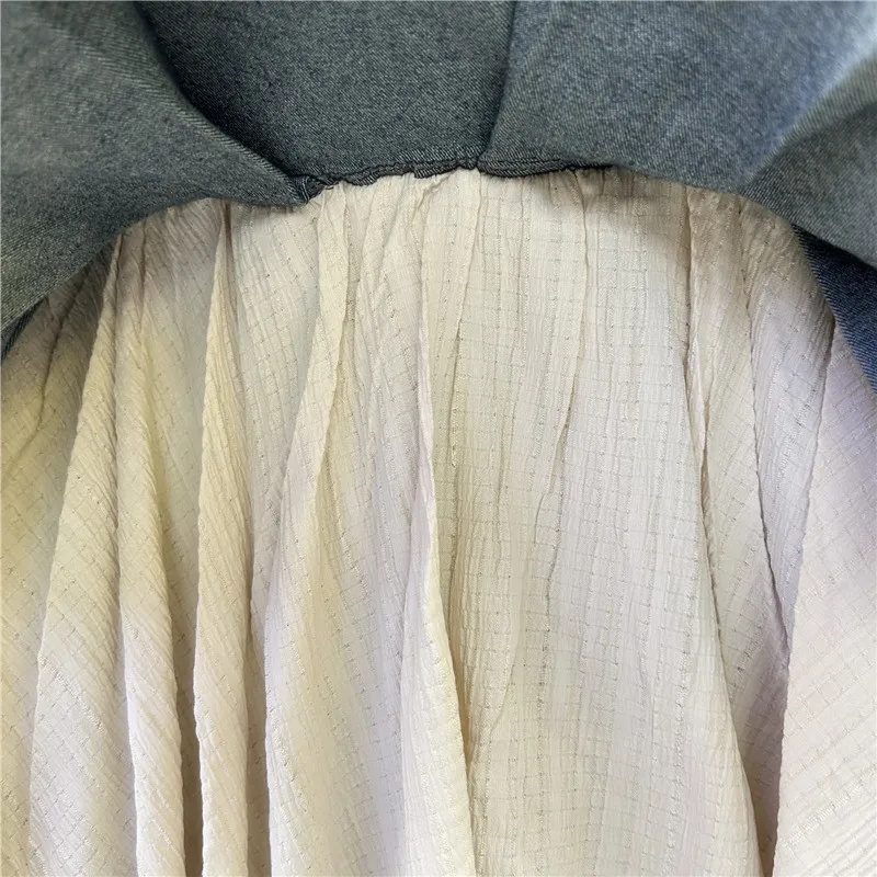 Retro Spliced Denim Pleated Skirt for Women Summer New Temperament Hot Girl Fashionable High Waist A-line Skirt