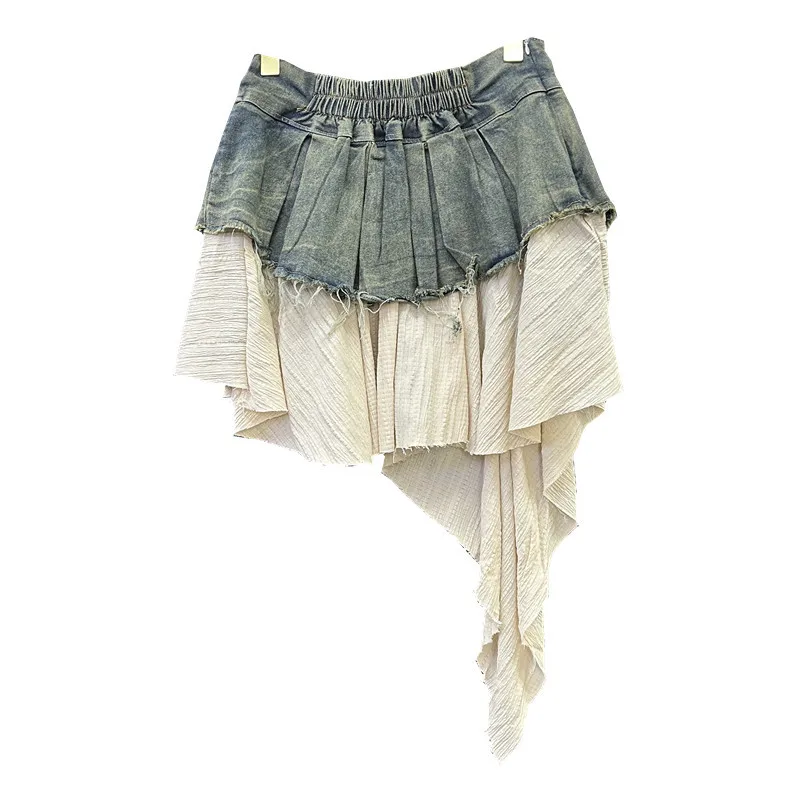 Retro Spliced Denim Pleated Skirt for Women Summer New Temperament Hot Girl Fashionable High Waist A-line Skirt