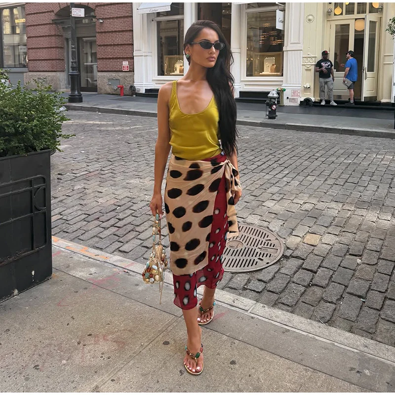 High Waist Wrap Tie Midi Skirt Color Block Abstract Floral Patchwork Print Flowy Satin Skirts 2026 Summer Holiday Boho Chic Wear