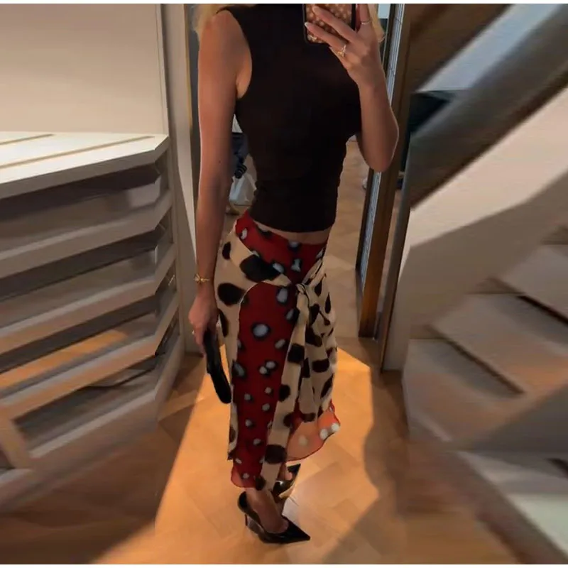 High Waist Wrap Tie Midi Skirt Color Block Abstract Floral Patchwork Print Flowy Satin Skirts 2026 Summer Holiday Boho Chic Wear