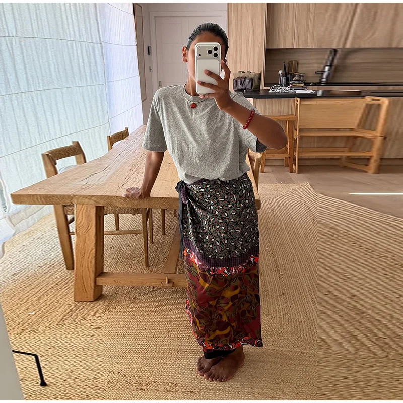 High Waist Wrap Tie Midi Skirt Color Block Abstract Floral Patchwork Print Flowy Satin Skirts 2026 Summer Holiday Boho Chic Wear