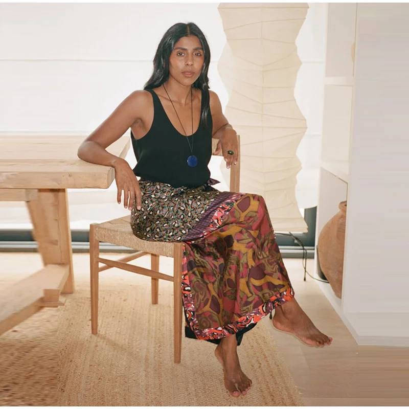 High Waist Wrap Tie Midi Skirt Color Block Abstract Floral Patchwork Print Flowy Satin Skirts 2026 Summer Holiday Boho Chic Wear