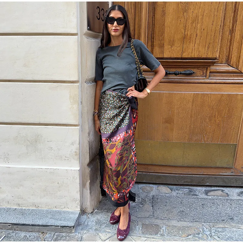 High Waist Wrap Tie Midi Skirt Color Block Abstract Floral Patchwork Print Flowy Satin Skirts 2026 Summer Holiday Boho Chic Wear