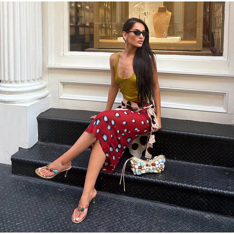 High Waist Wrap Tie Midi Skirt Color Block Abstract Floral Patchwork Print Flowy Satin Skirts 2026 Summer Holiday Boho Chic Wear