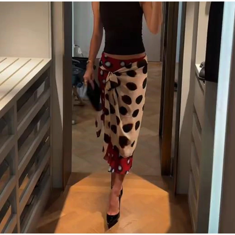 High Waist Wrap Tie Midi Skirt Color Block Abstract Floral Patchwork Print Flowy Satin Skirts 2026 Summer Holiday Boho Chic Wear
