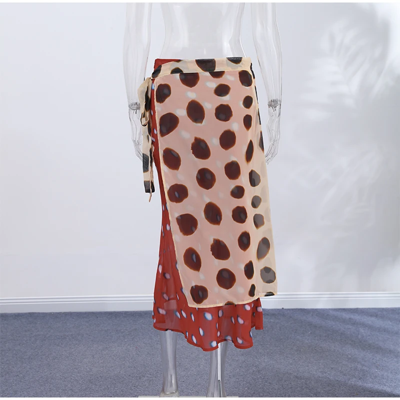 High Waist Wrap Tie Midi Skirt Color Block Abstract Floral Patchwork Print Flowy Satin Skirts 2026 Summer Holiday Boho Chic Wear