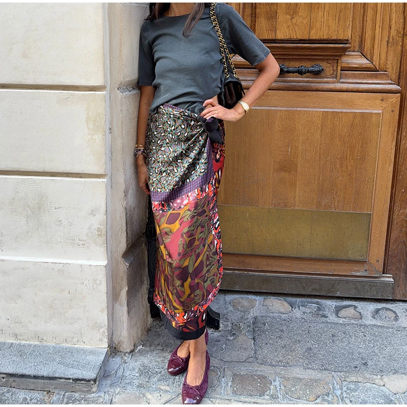 High Waist Wrap Tie Midi Skirt Color Block Abstract Floral Patchwork Print Flowy Satin Skirts 2026 Summer Holiday Boho Chic Wear