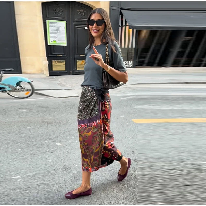 High Waist Wrap Tie Midi Skirt Color Block Abstract Floral Patchwork Print Flowy Satin Skirts 2026 Summer Holiday Boho Chic Wear