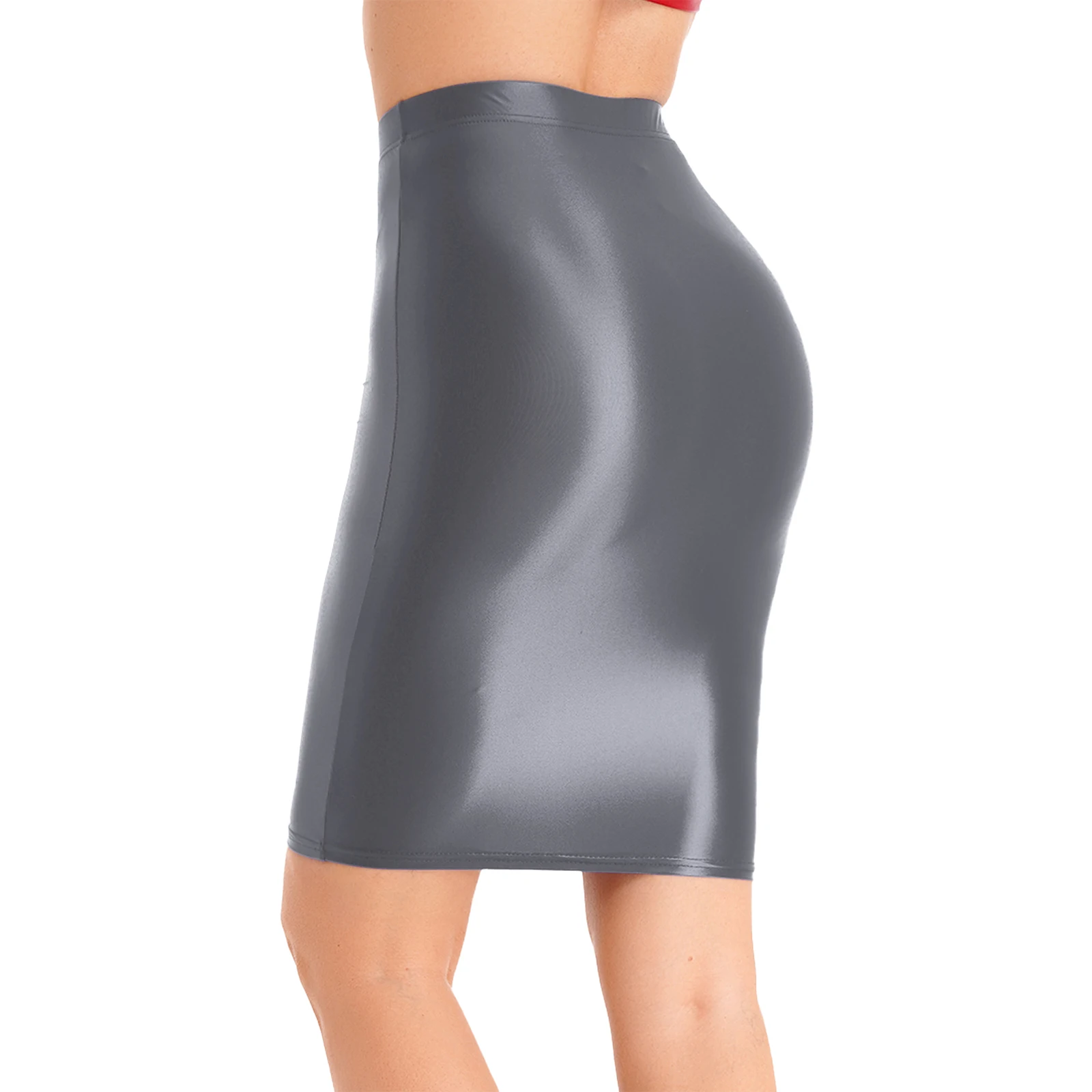 Womens Ladies Pencil Skirt Glossy Rave Party Clubwear Fashion Stretchy Casual Solid Color High Waist Bodycon Mini Skirts