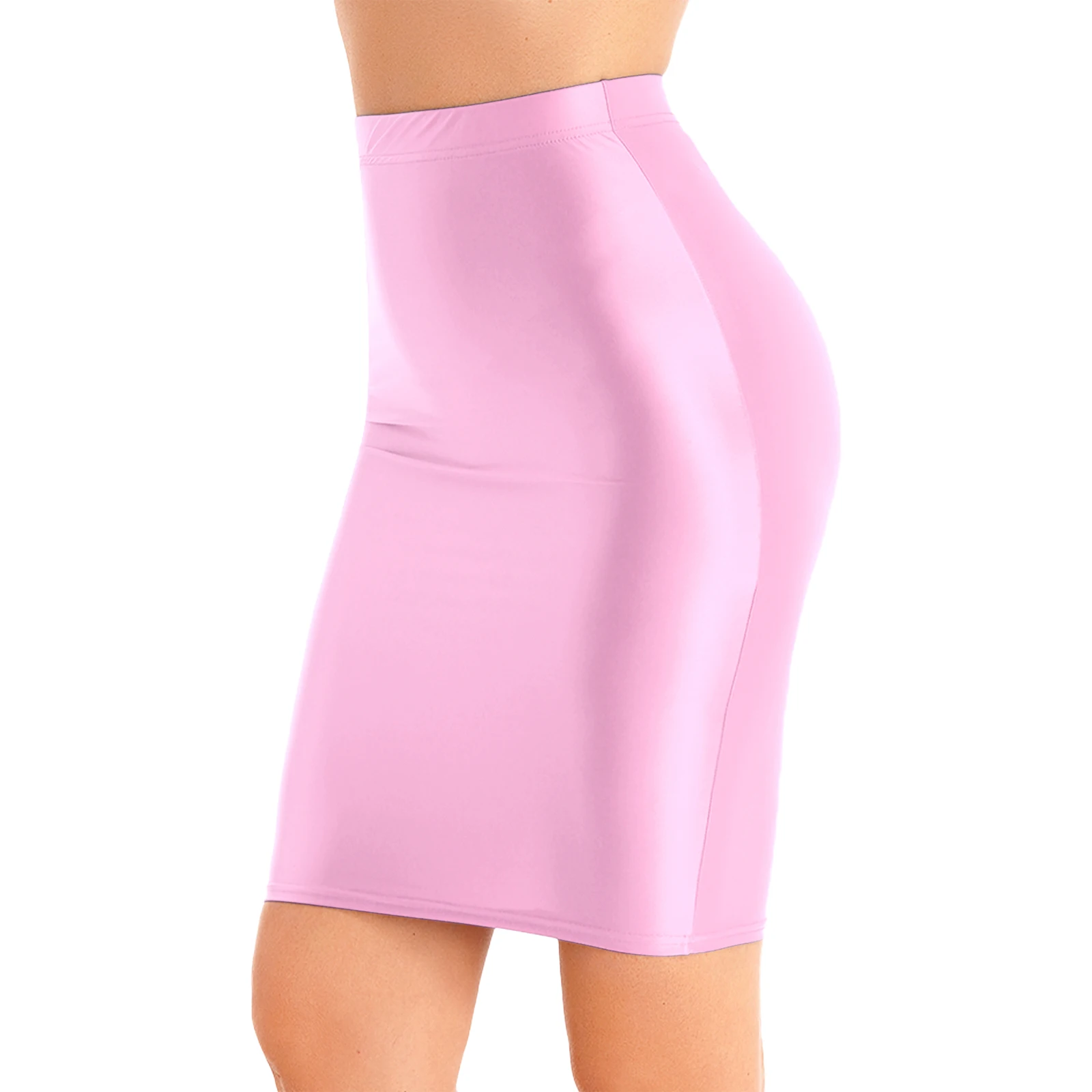 Womens Ladies Pencil Skirt Glossy Rave Party Clubwear Fashion Stretchy Casual Solid Color High Waist Bodycon Mini Skirts