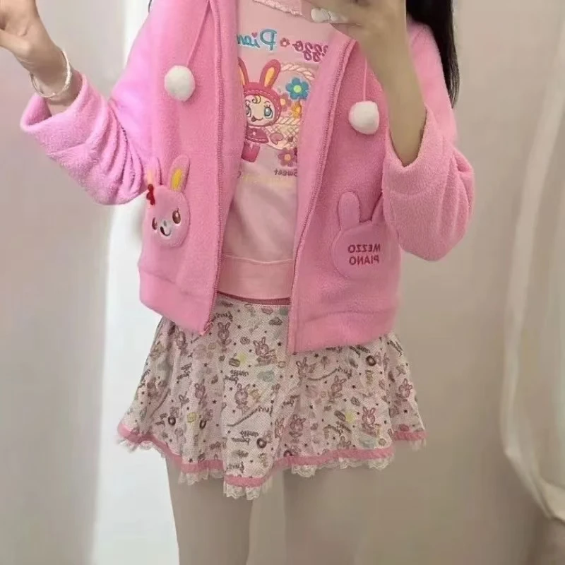 Japanese Mini Skirt Women Sweet Kawaii Cartoon Anime Print Lolita Skirt Cute A-line Lace Patchwork Skirts Y2k Harajuku Clothes