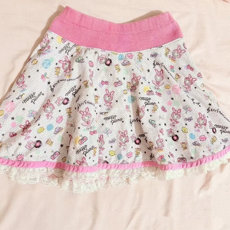 Japanese Mini Skirt Women Sweet Kawaii Cartoon Anime Print Lolita Skirt Cute A-line Lace Patchwork Skirts Y2k Harajuku Clothes