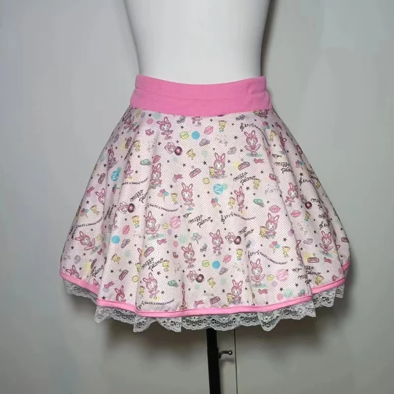 Japanese Mini Skirt Women Sweet Kawaii Cartoon Anime Print Lolita Skirt Cute A-line Lace Patchwork Skirts Y2k Harajuku Clothes