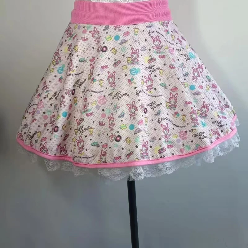 Japanese Mini Skirt Women Sweet Kawaii Cartoon Anime Print Lolita Skirt Cute A-line Lace Patchwork Skirts Y2k Harajuku Clothes