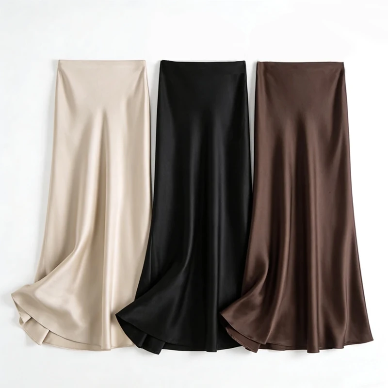 2026 Women's Early Spring New Heavy 100% Natural Mulberry Silk Satin Solid Slant Cutting Slimming Bag Hip Fishtail Skirt
