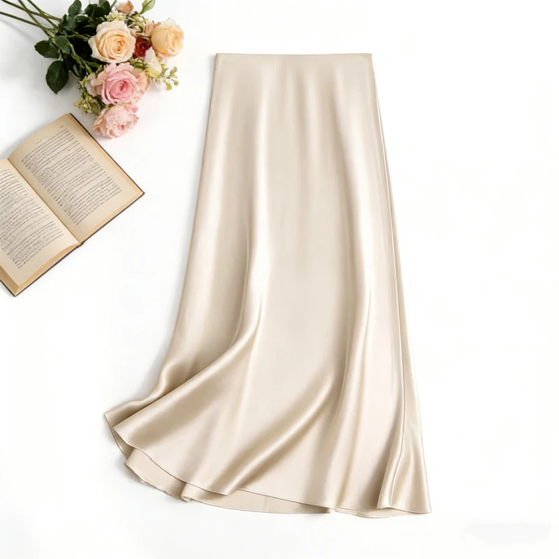 2026 Women's Early Spring New Heavy 100% Natural Mulberry Silk Satin Solid Slant Cutting Slimming Bag Hip Fishtail Skirt