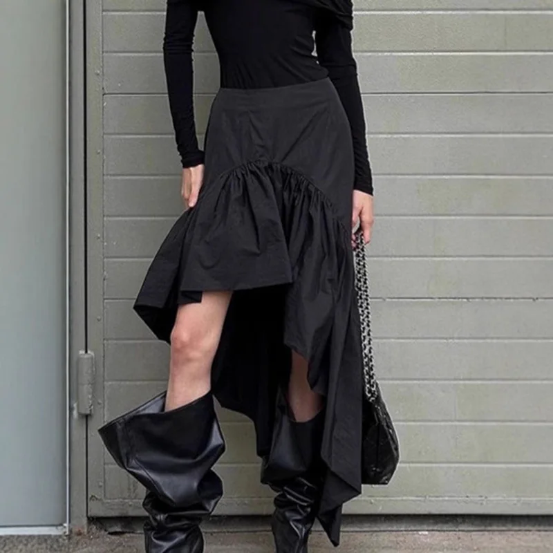 TARUXY Commuting Black Ruffled Skirt For Women Asymmetric High Waist A-line Skirt Fashion Splice Female Casual Skirt Streetwear