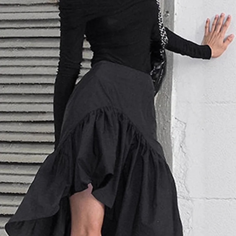 TARUXY Commuting Black Ruffled Skirt For Women Asymmetric High Waist A-line Skirt Fashion Splice Female Casual Skirt Streetwear