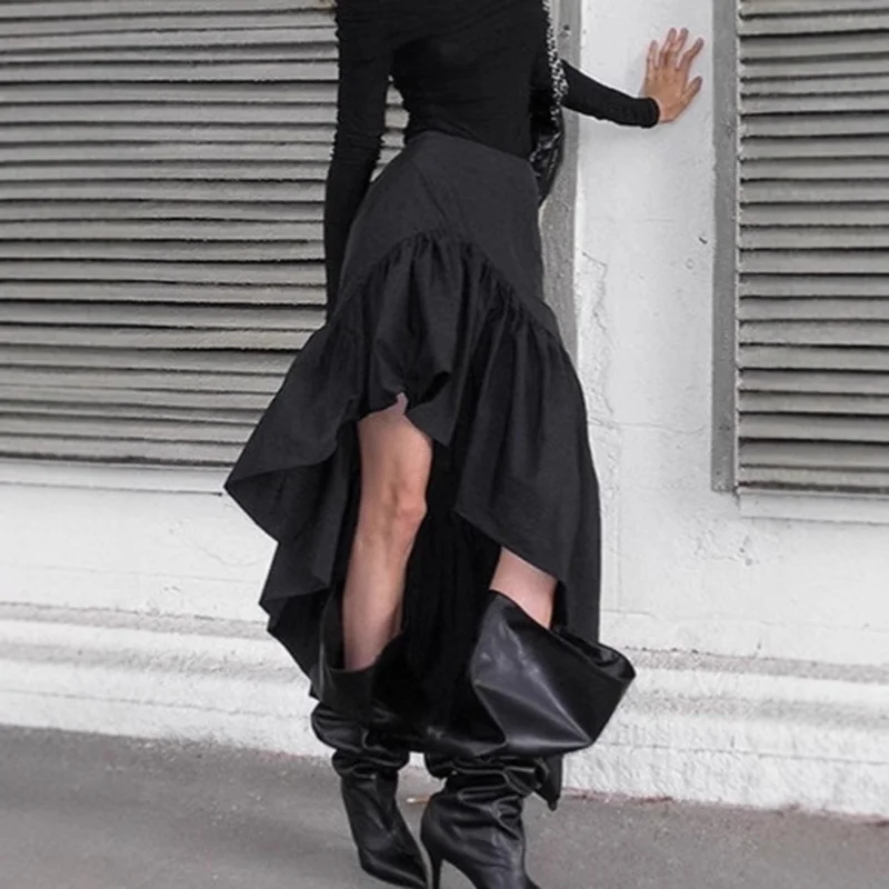 TARUXY Commuting Black Ruffled Skirt For Women Asymmetric High Waist A-line Skirt Fashion Splice Female Casual Skirt Streetwear