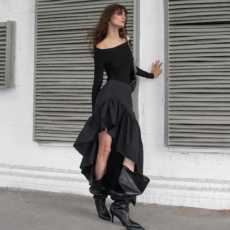 TARUXY Commuting Black Ruffled Skirt For Women Asymmetric High Waist A-line Skirt Fashion Splice Female Casual Skirt Streetwear