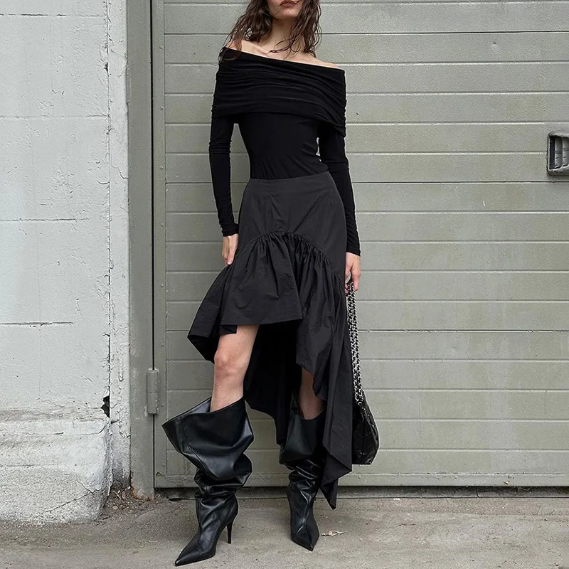 TARUXY Commuting Black Ruffled Skirt For Women Asymmetric High Waist A-line Skirt Fashion Splice Female Casual Skirt Streetwear