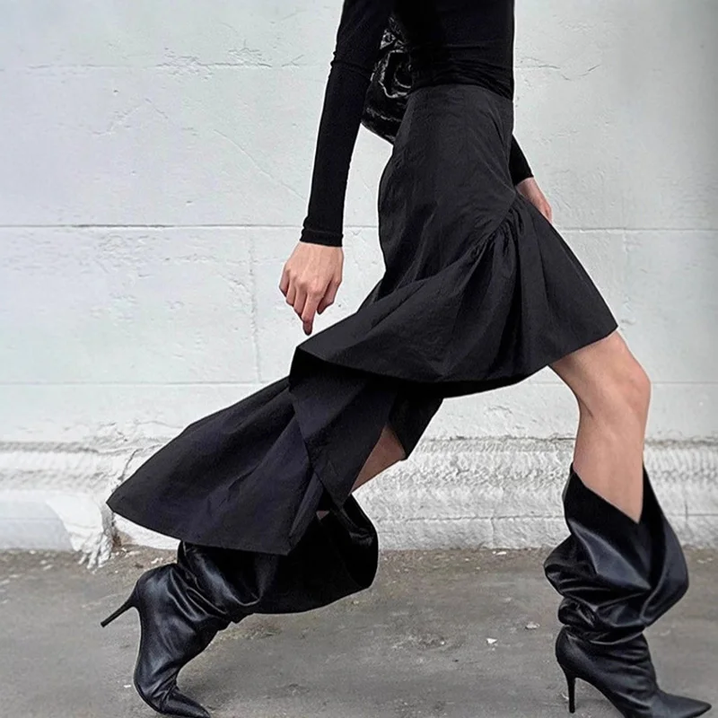 TARUXY Commuting Black Ruffled Skirt For Women Asymmetric High Waist A-line Skirt Fashion Splice Female Casual Skirt Streetwear