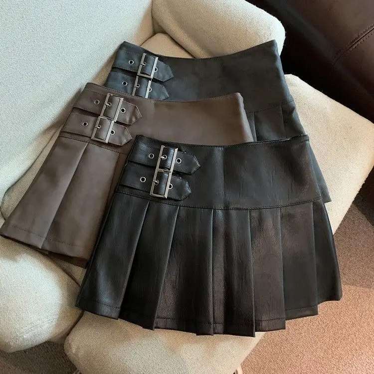 S-3XL Y2K Pu Leather Mini Skirts Women Streetwear High Waist Pleated Skirt Vintage Korean Black Slim Casual A Line Skirts